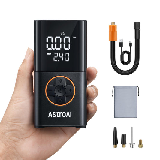 AstroAI Wireless Electric Air Pump, Portable Battery Bike Pump with all valves, LED light, Rechargeable Tire Pump for Bike, E-bike, Car, Motorcycle, Balls, Black