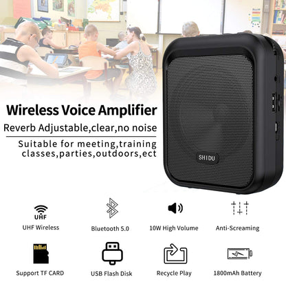 SHIDU Voice Amplifier Portable Bluetooth Speaker with wireless UHF Microphone Headset 10W 1800mAh PA System Supports MP3 audio for teachers, taxi drivers, coaches, trainers, tour guides.