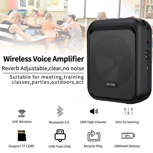 SHIDU Voice Amplifier Portable Bluetooth Speaker with wireless UHF Microphone Headset 10W 1800mAh PA System Supports MP3 audio for teachers, taxi drivers, coaches, trainers, tour guides.