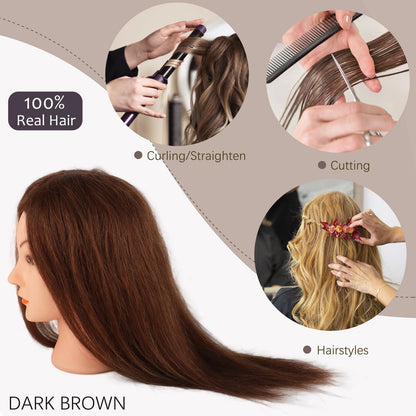 DaizySight Adult Mannequin Head 100% Real Hair, Hairdressing Training Head for Styling and Children, Practice Head Mannequin with Clamp and Hairstyling Tool, Length: 46cm, Dark Brown