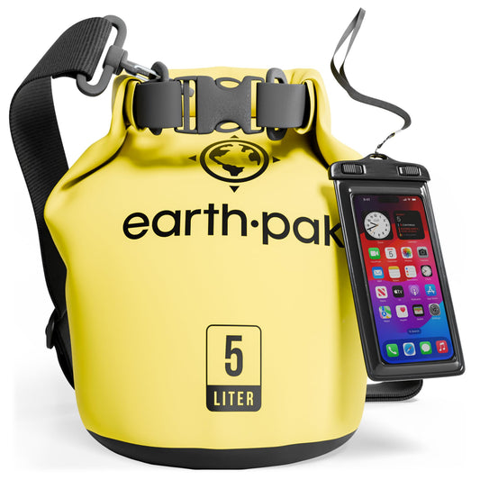 Earth Pak - Waterproof dry bag with shoulder strap and waterproof phone case - Ideal rolltop bag for kayaking, hiking, camping, fishing, boating, and rafting (Yellow, 55L)