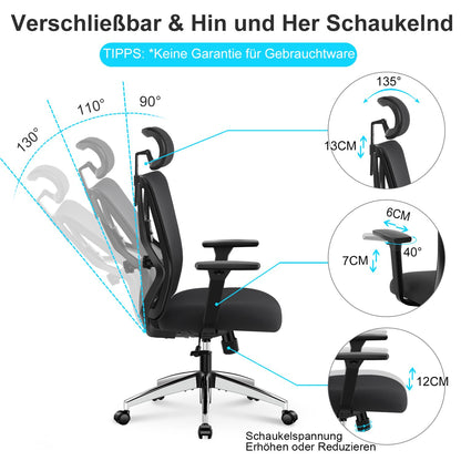Ticova Office Chair, Ergonomic Desk Chair, High Back Ergonomic Chair with Adjustable Lumbar Support, Headrest & 3D Armrest - 130° Swivel Computer Chair.