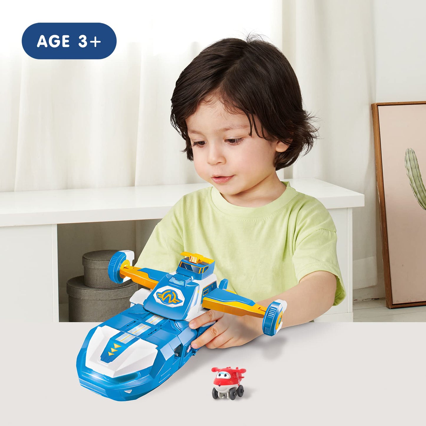 Super Wings 3-in-1 World Aircraft transforming robot with light and sound effects, featuring a 2'' transformable robot Jett. Transformable toy for girls and boys aged 3 and up, in blue.