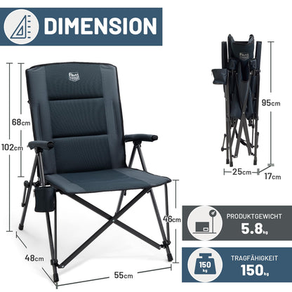 TIMBER RIDGE folding camping chair with wide 55cm seat, XXL padded backrest, and side pocket. Supports up to 150kg, perfect for camping, garden, balcony.