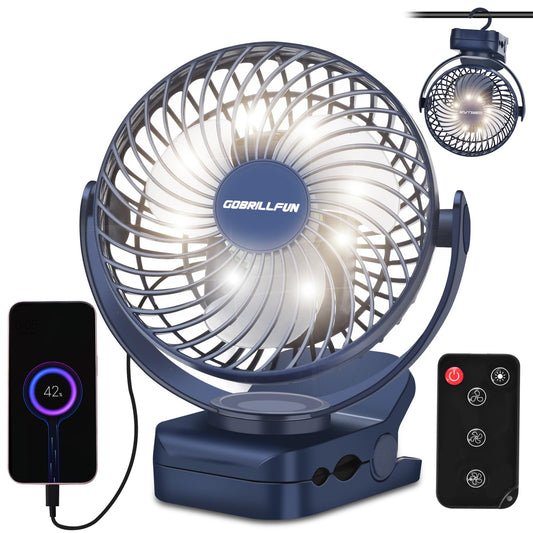 GOBRILLFUN 6 inch 12000mAh Remote Control Clip-on Fan, LED Night Light, 3 Speeds, Portable Personal USB Fan for Home, Office, RV, Outdoor Camping - Blue