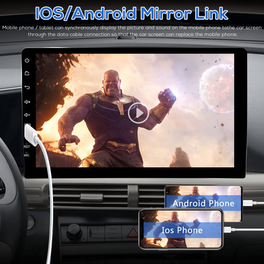 Car stereo 1 Din with Bluetooth hands-free calling IOS/Android Mirror Link 9 inch touchscreen, with Bluetooth FM Radio USB/AUX/TF/EQ/7 Colors Light Steering wheel control + Rearview camera Microphone