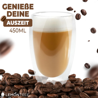 Lemontree 4-piece set of large Latte Macchiato glasses 450ml - double-walled glasses, design coffee cups, tea glasses heat-resistant, cappuccino cups made of borosilicate glass.
