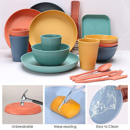 48 Piece Unbreakable Dinnerware Set, Reusable Camping Plasticware for 4 People Picnic Lightweight Colorful Grill Plastic Serving Plates Bowls Utensils