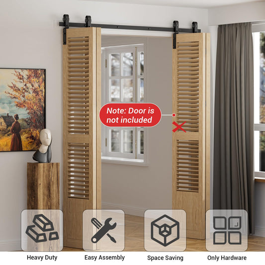 153cm/5FT Bifold sliding door hardware sliding door system complete set track rollers set black for 4 wooden doors 37cm wide