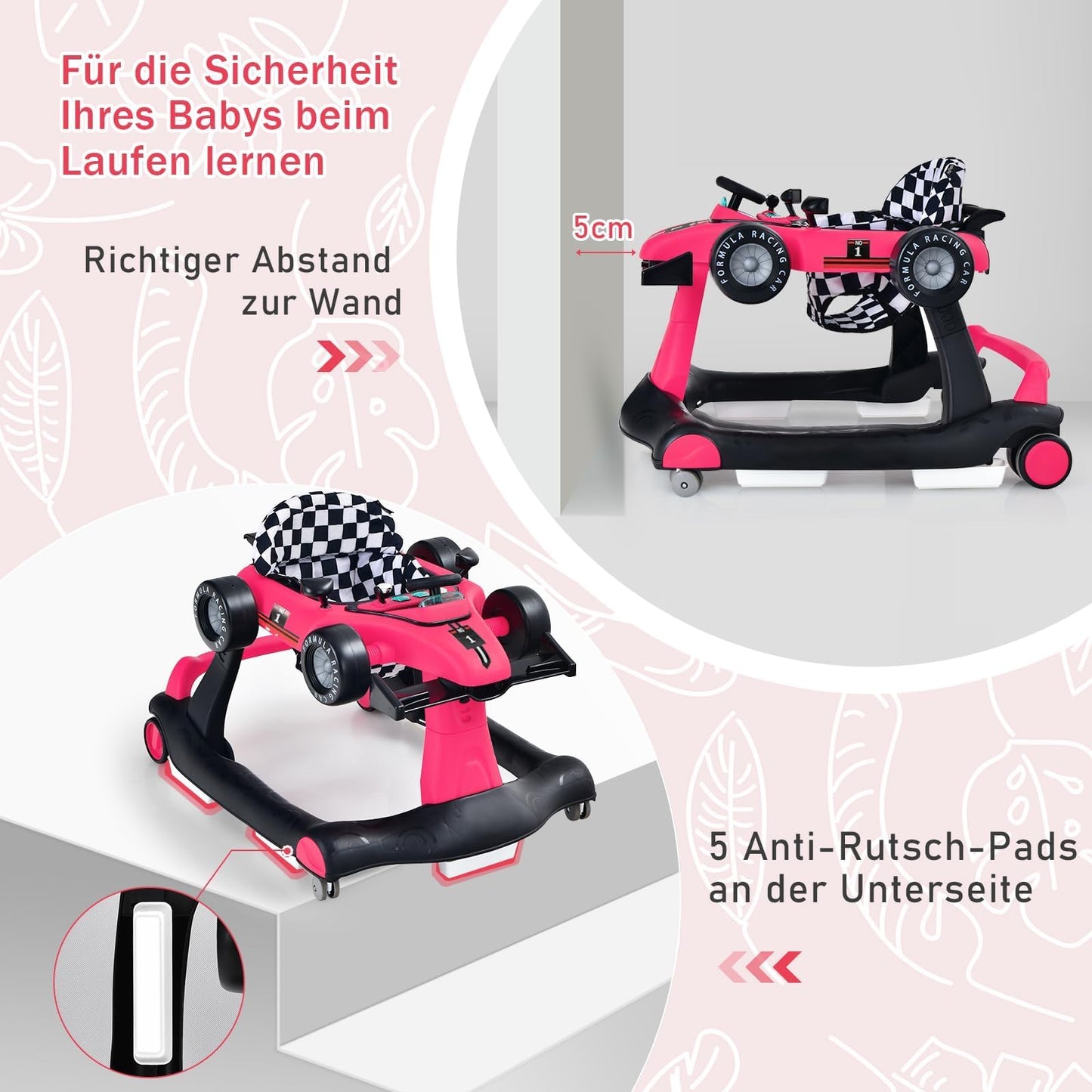 COSTWAY 4 in 1 folding baby walker with adjustable height & speed, music box, lights & wheels, suitable for babies from 6 months, can support up to 12kg weight capacity. Available in pink color.