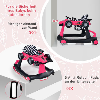 COSTWAY 4 in 1 folding baby walker with adjustable height & speed, music box, lights & wheels, suitable for babies from 6 months, can support up to 12kg weight capacity. Available in pink color.