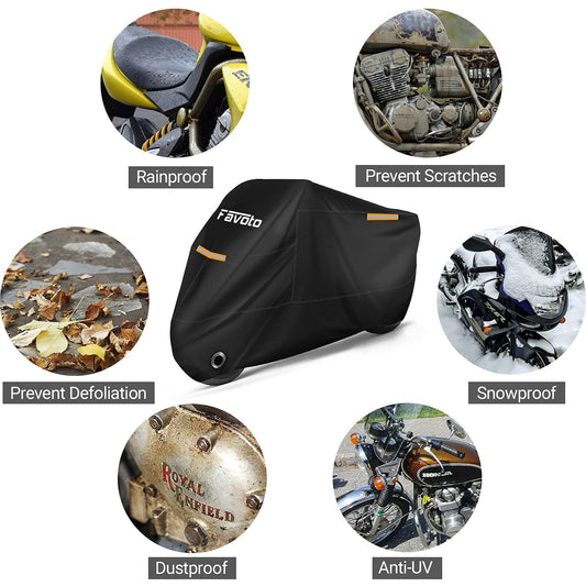Favoto Motorcycle Cover Outdoor 210T Oxford Fabric Cover Indoor Motorbike Double Stitched with Waterproof Stripes Enhanced Lock Hole 295cmx105cmx125cm