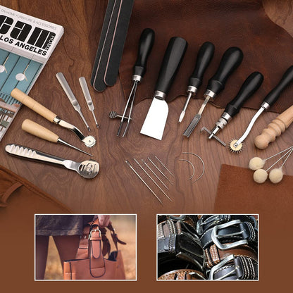 Leather craft tools, 37-piece leather sewing set, leather craft tool set for leatherworking with storage pouch for cutting, punching, sewing, carving