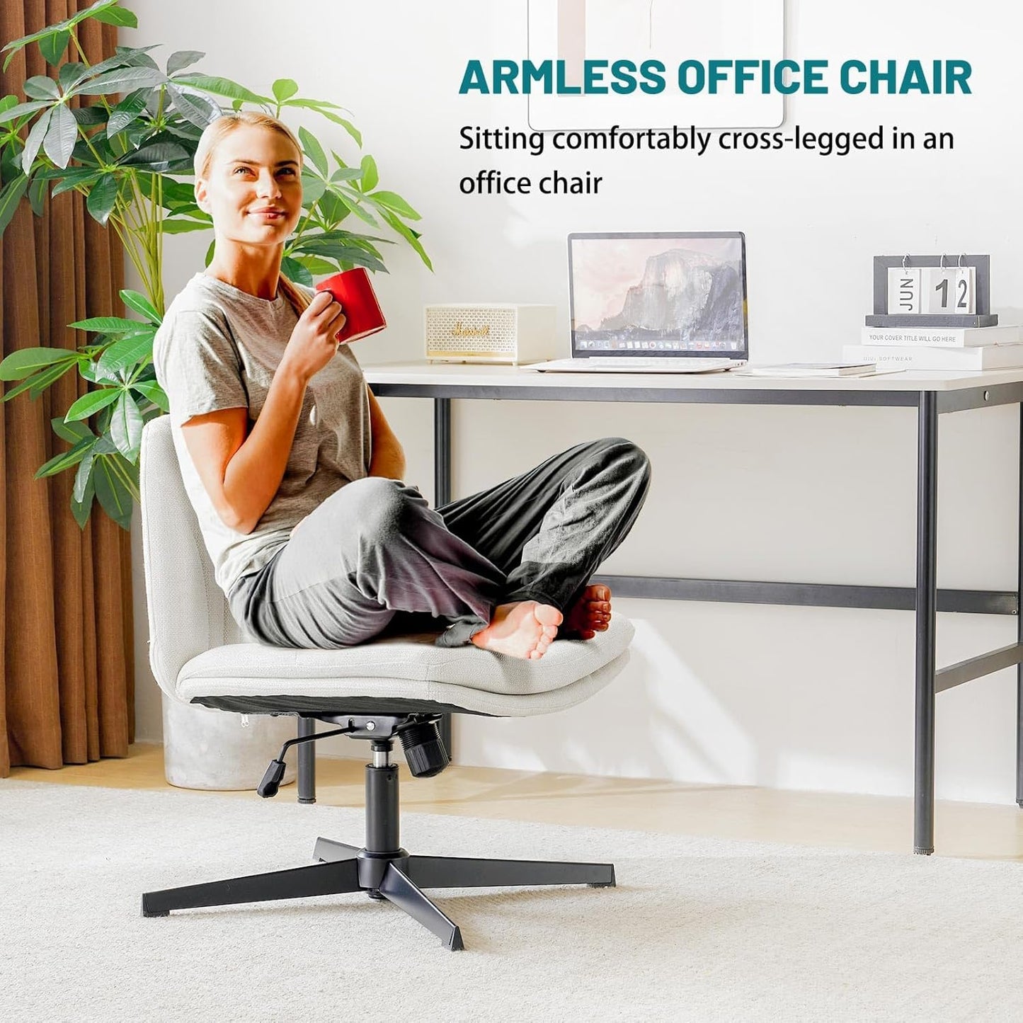 Office chair without armrests, height adjustable armless desk chair, rocking function, crossed comfortable swivel chair, ergonomic makeup chair, 360° tailor seat (White Linen)