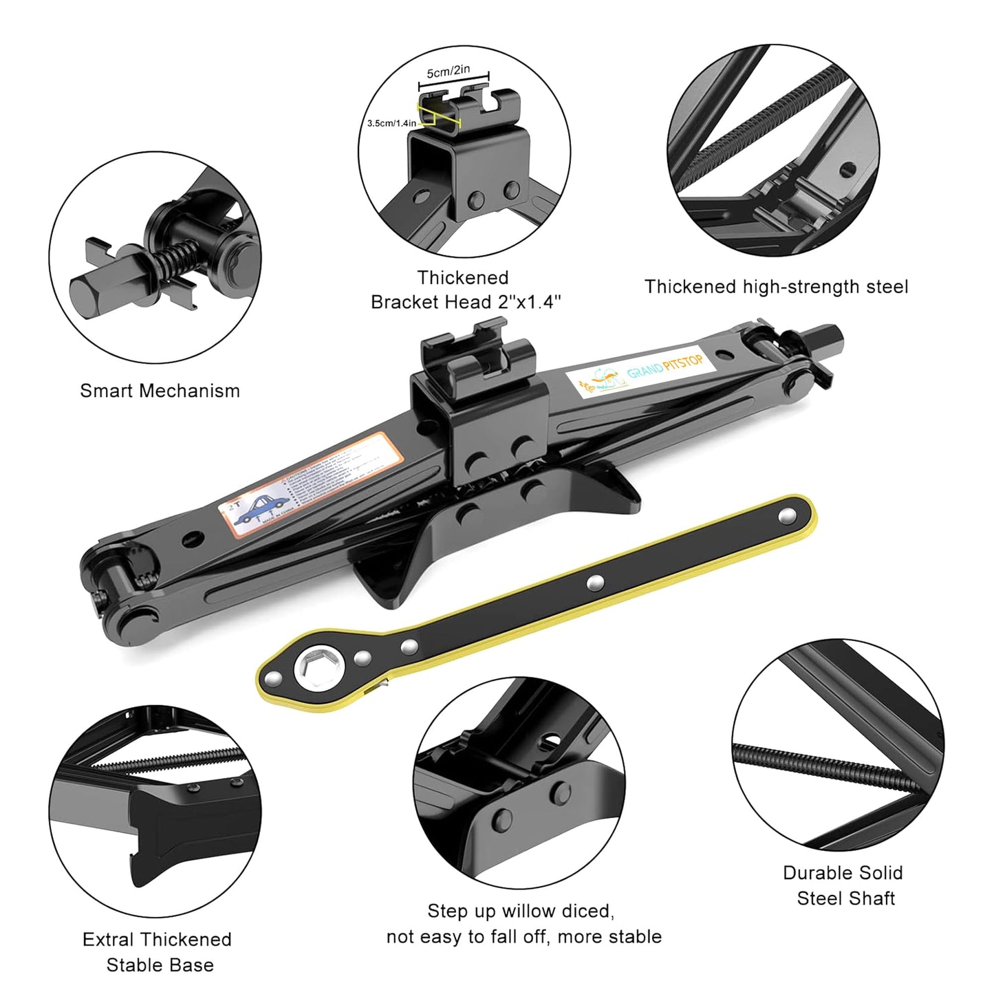 GRAND PITSTOP Car Jack Kit includes a 2 Ton (4409 lbs) Scissor Jack, Lug Wrench, and Tire Changing Kit. Universal Car Emergency Tool Kit for Cars, SUVs, and MPVs.