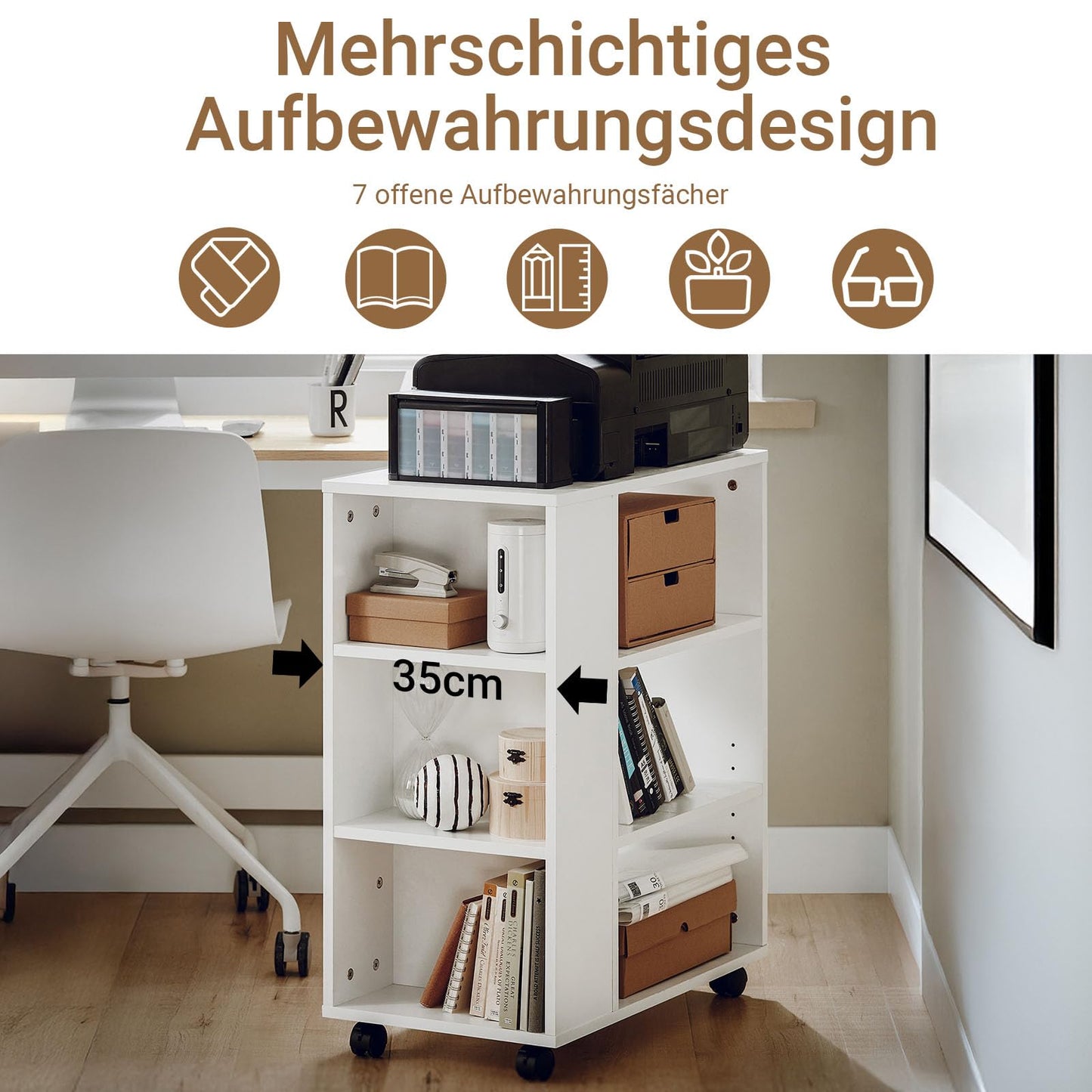 SoBuy Printer Cabinet with Wheels - Stable printer table, roll container, desk base cabinet, printer cabinet, side table with wheels for office & home office White 60x75x35cm FBT68-W