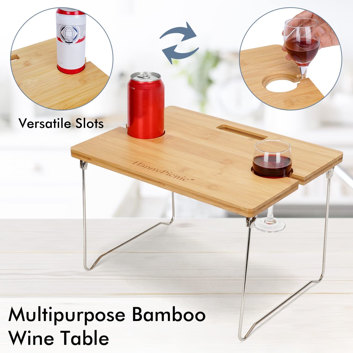 Picnic basket for 2, including a bamboo wine table with metal legs. Perfect for camping and outdoor parties.