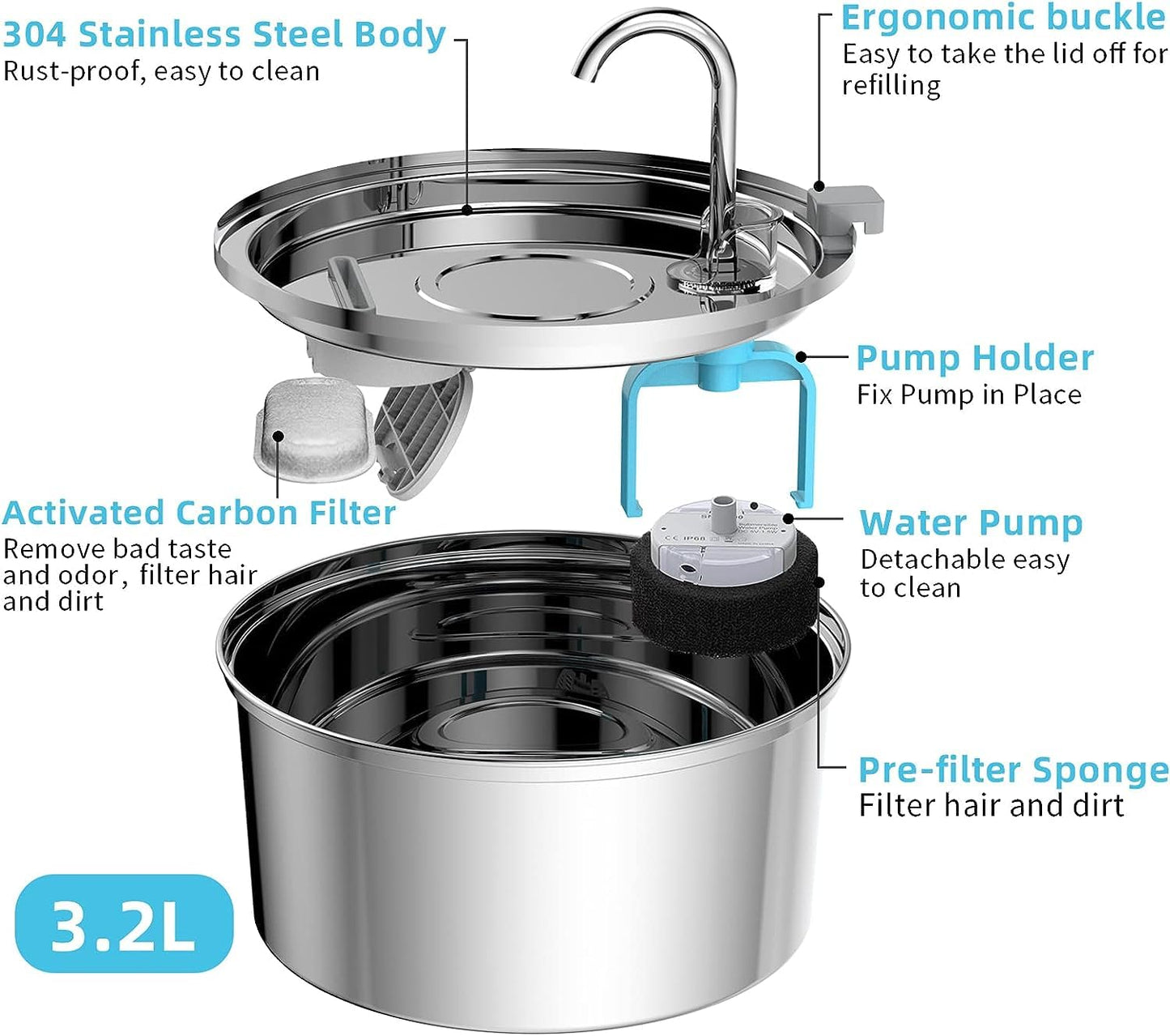 TOMXCUTE Cat Drinking Fountain 3.2L Stainless Steel Cat Fountain Waterfall for Cat Small Dogs, Faucet Design, Dishwasher Safe, with 1 Sponge and 3 Charcoal Filters