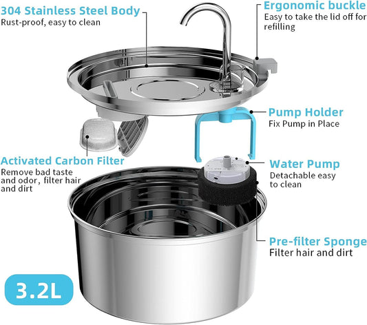 TOMXCUTE Cat Drinking Fountain 3.2L Stainless Steel Cat Fountain Waterfall for Cat Small Dogs, Faucet Design, Dishwasher Safe, with 1 Sponge and 3 Charcoal Filters