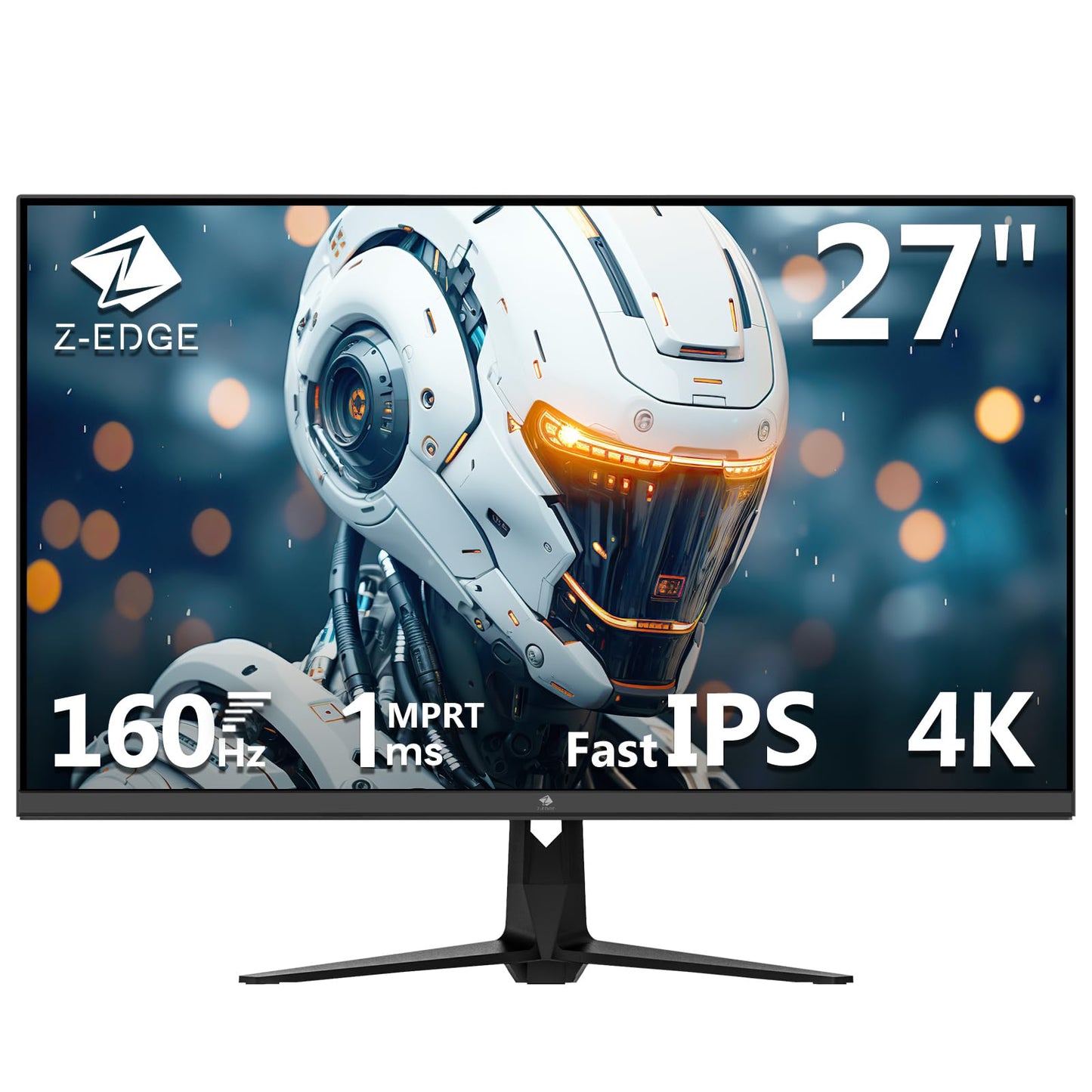 Z-Edge 27 inch 4K Monitor with 160Hz refresh rate and 1ms response time. Features a 3840x2160 IPS panel, LED display, 450cd/m² brightness, 1.07 billion colors, HDR10, FreeSync, HDMI & DisplayPort, VESA compatible. Color: Black.