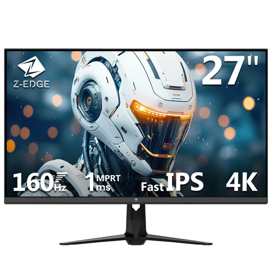 Z-Edge 27 inch 4K Monitor with 160Hz refresh rate and 1ms response time. Features a 3840x2160 IPS panel, LED display, 450cd/m² brightness, 1.07 billion colors, HDR10, FreeSync, HDMI & DisplayPort, VESA compatible. Color: Black.