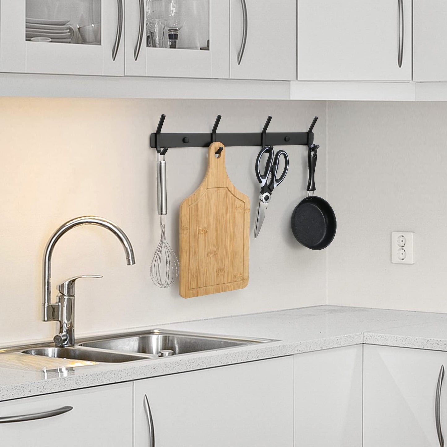 Qiannhee 43CM Black Hook Rack Up to 40KG Heavy Duty Stainless Steel Wall-Mounted Coat Rack 4 Hooks Coat Hooks Children for Bathroom Kitchen Jackets Entryway, 2 Pieces