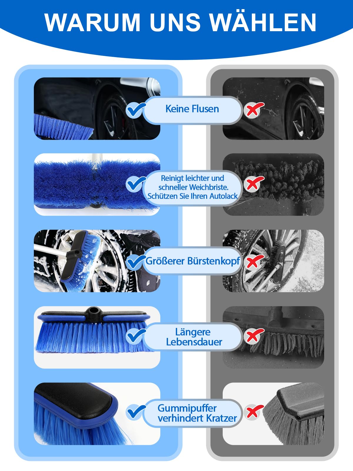 ZimiTeda PBT Car Wash Brush with long handle 10'' Larger brush head with soft bristles rubber bumper for vehicle wheel RV SUV boat truck solar panel deck washing, 60'' 151cm