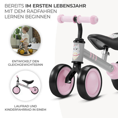 Children's balance bike CUTIE, learning bike, metal construction, modern design, safe construction, for children aged 1 year and up, pink color.