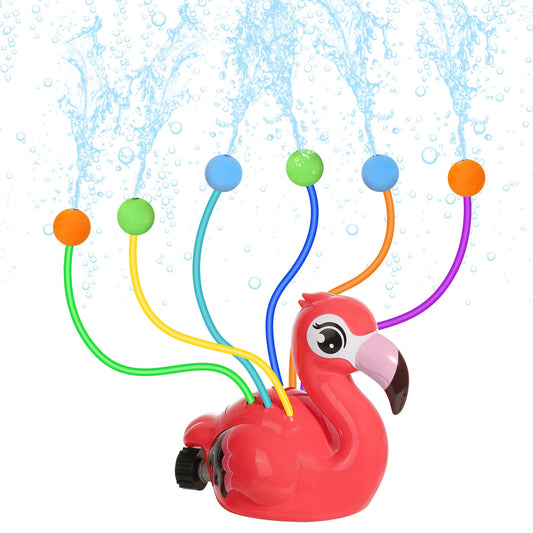 MoKo water sprinkler for kids, Flamingo outdoor water toy, pool toy with 6 hoses & 6 balls, summer fun water toy for garden, pool, pink flamingo.