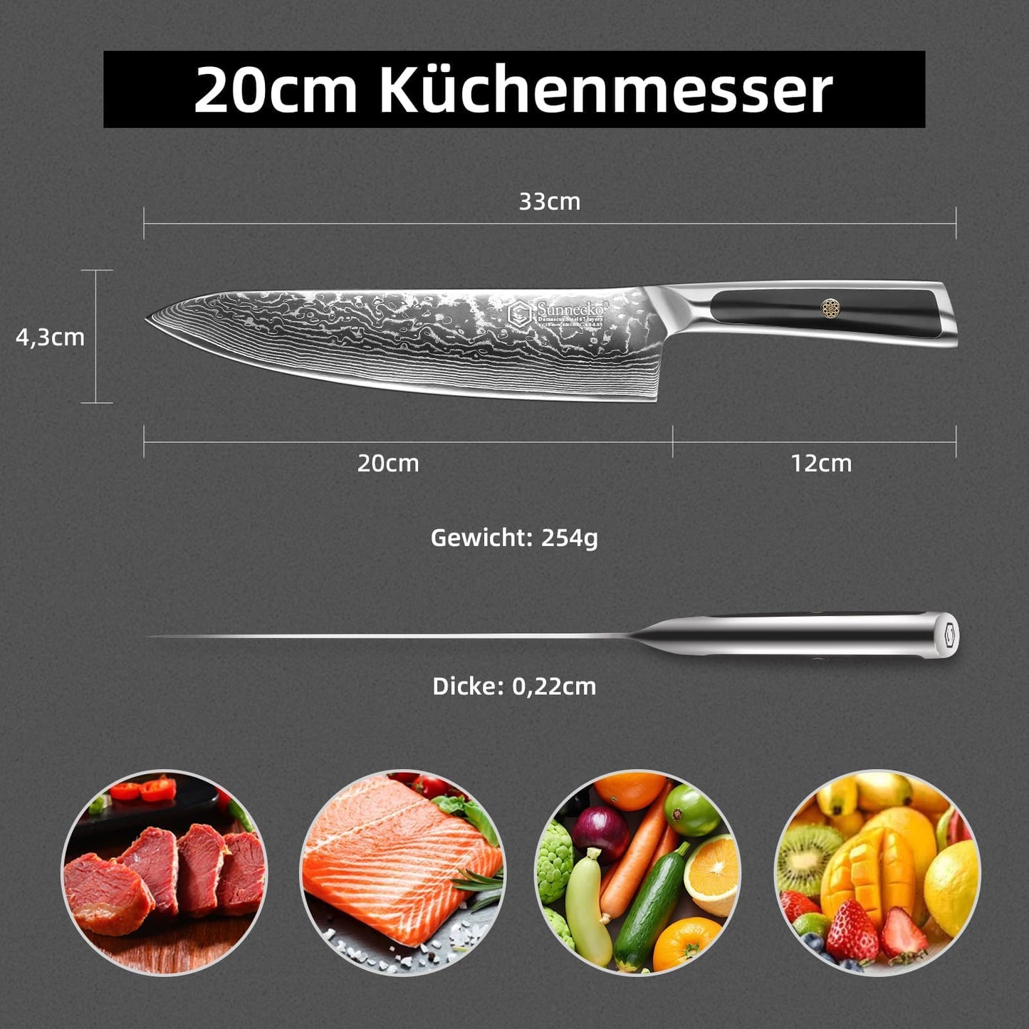 Sunnecko 20cm damascus chef knife kitchen knife - Sharp knife made of damascus steel, damascus kitchen knife with ergonomic handle, meat knife for kitchen