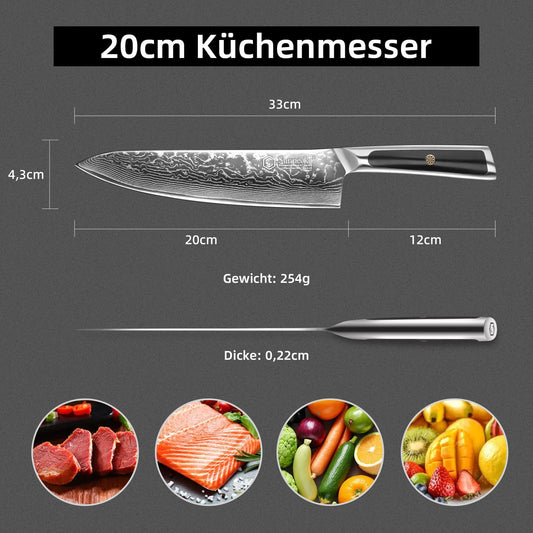 Sunnecko 20cm damascus chef knife kitchen knife - Sharp knife made of damascus steel, damascus kitchen knife with ergonomic handle, meat knife for kitchen