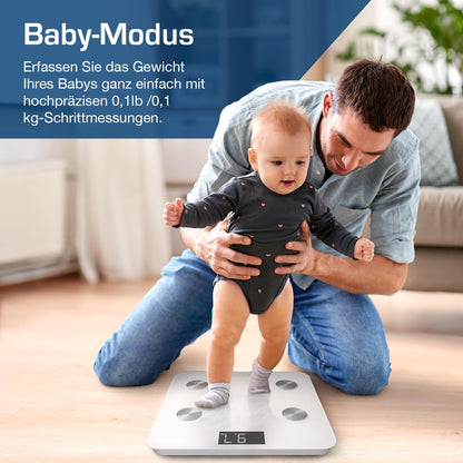 ACTIVE ERA Body Fat Scale - Digital bathroom scale with app - Smart Bluetooth scale for body analysis - Body fat, BMI, weight (max. 180 kg), muscle mass, water, protein, bone weight - White