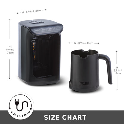 KARACA Hatır Roast Turkish Coffee Maker, Shiny Black, 5 cup capacity, lots of foam, 535W, voice warning system, light warning system, measuring spoon, easy cleaning.