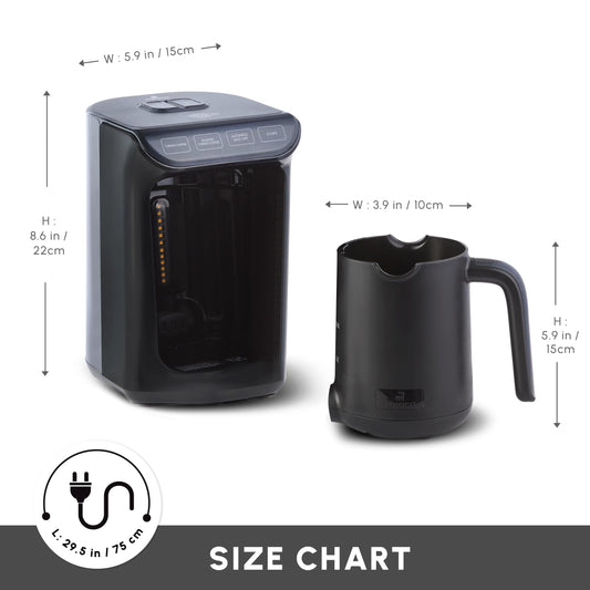 KARACA Hatır Roast Turkish Coffee Maker, Shiny Black, 5 cup capacity, lots of foam, 535W, voice warning system, light warning system, measuring spoon, easy cleaning.