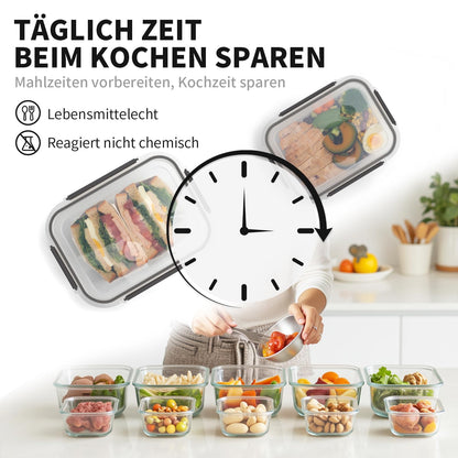 Glass containers with lids, storage container set, 20 pieces (10 containers, 10 lids), dishwasher safe, microwave & freezer safe, leak-proof, modern, food storage containers, fresh-keeping containers.