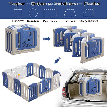 NAIZY Playpen for Baby 12+2 foldable Playard with Toy Panel & Door Panel Crawling Grid Non-slip HDPE Safety Gate Playpen for Kids Indoor and Outdoor, Blue+White