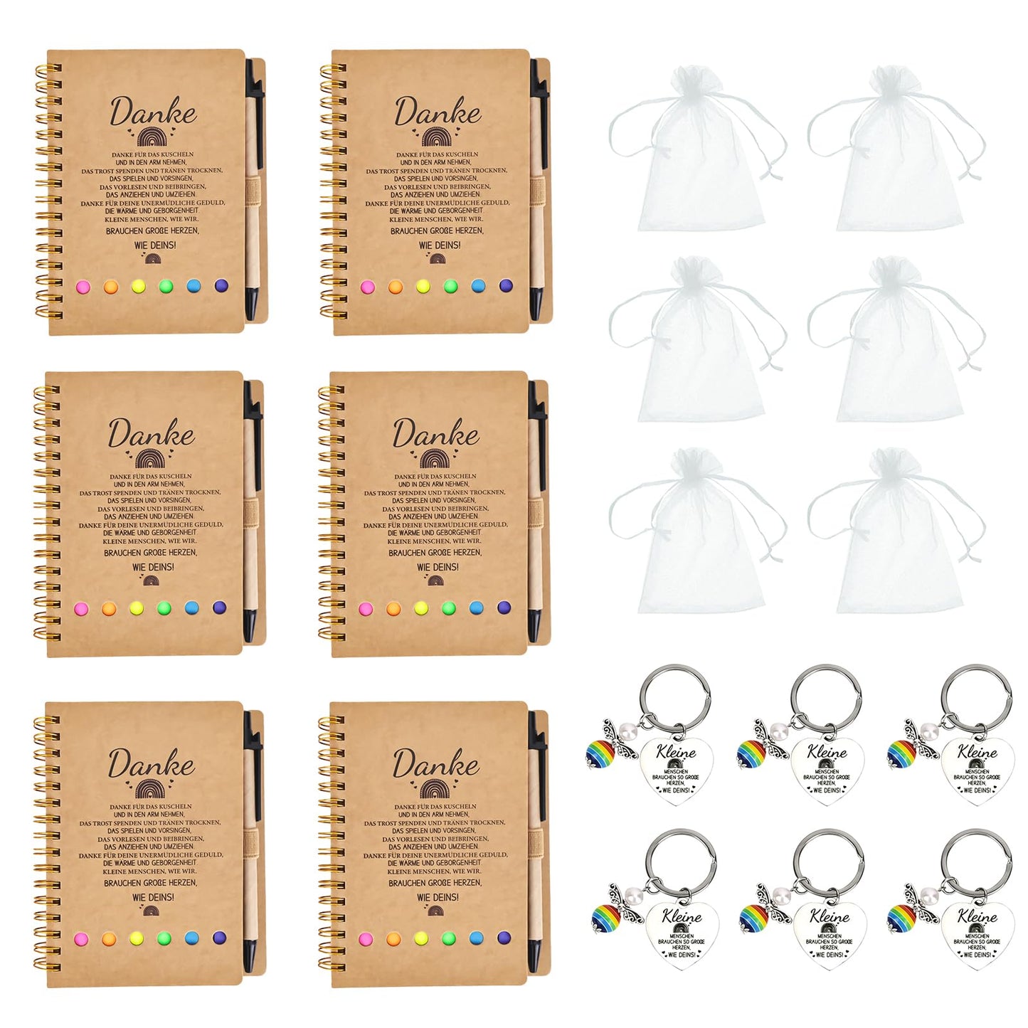 6-pack farewell gift for educators, including notepads, keychains, organza bags. Thank you gift for teachers, goodbye gift for daycare, kindergarten, elementary school.