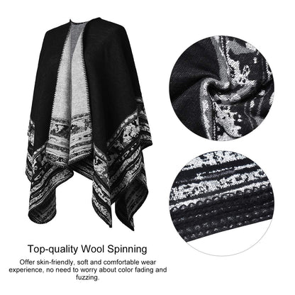 Winter Warm Poncho Scarf Wrap - Autumn Open Front Cape Windproof Knit Wool Coat Blanket Cape Scarf Oversized Winter Blanket Reversible Scarf Thick Cardigan Coat for Women Girls Festive Gifts