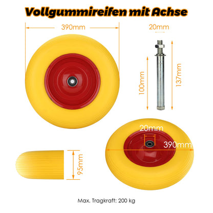 Jiubiaz wheelbarrow wheel 4.80 4.00-8 Solid rubber with axle, wheelbarrow wheel pneumatic tire replacement, rubber wheel, puncture-proof, Ø390mm, 200kg load capacity spare wheel, 95mm width tire for wheelbarrow.