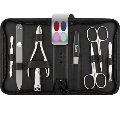 MarQus Solingen Manicure Set with Nail Clippers and Glass Nail File 8 pieces - Nail set in high-quality leather case - Complete kit for women and men, Black