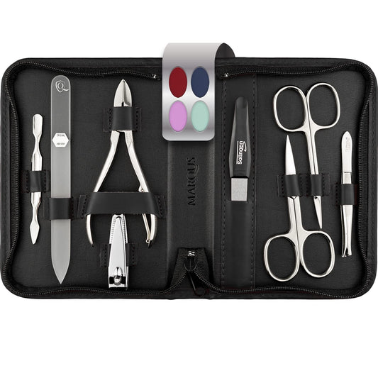 MarQus Solingen Manicure Set with Nail Clippers and Glass Nail File 8 pieces - Nail set in high-quality leather case - Complete kit for women and men, Black