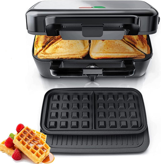 1200W 3 IN 1 Sandwich Maker, 5-level temperature control waffle maker sandwich toaster contact grill with non-stick coating for easy cleaning without burnt-on food, LED lights, stainless steel/black