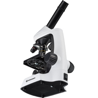 Bresser Junior microscope 40x-2000x with innovative smartphone holder and adjustable incident and transmitted LED lighting.