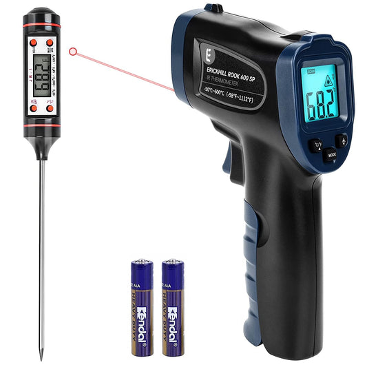 ERICKHILL Infrared Thermometer -50 ℃ ~ 600 ℃ Non-contact digital laser temperature gun with LCD display, adjustable emissivity - suitable for cooking/grilling/freezing, with meat probe.
