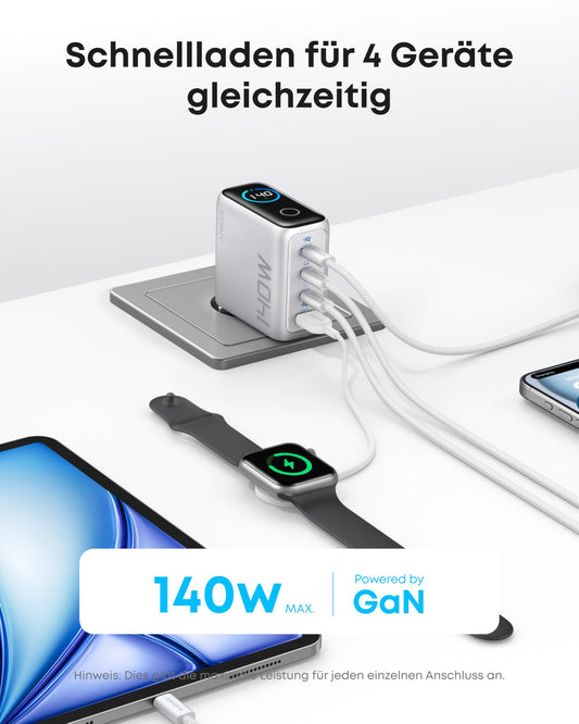 Anchor 140W USB-C Charger, Laptop Charger, 4-Port Multi-Device Fast Charging Power, Advanced GaN Power Adapter, Touch Control, Compatible with MacBook, iPhone 17/16/15, Samsung, Pixel, and more.