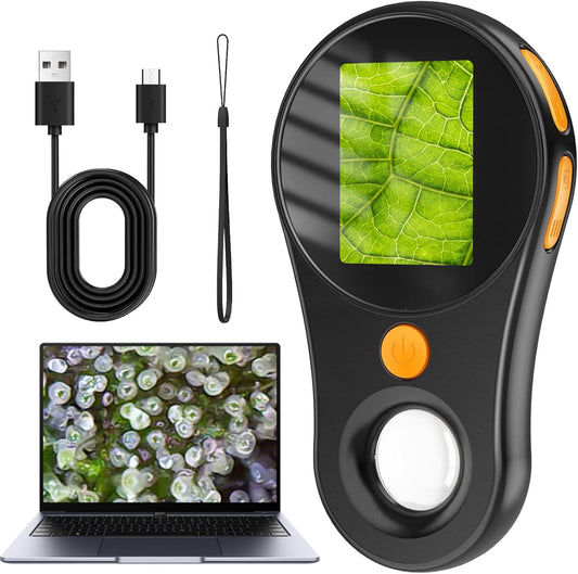 Children's mobile microscope, Ashfly 2.0" IPS screen 200X portable pocket microscope, 3 adjustable LED lights USB connection to PC, mini microscope outdoors-Black (educational gift)