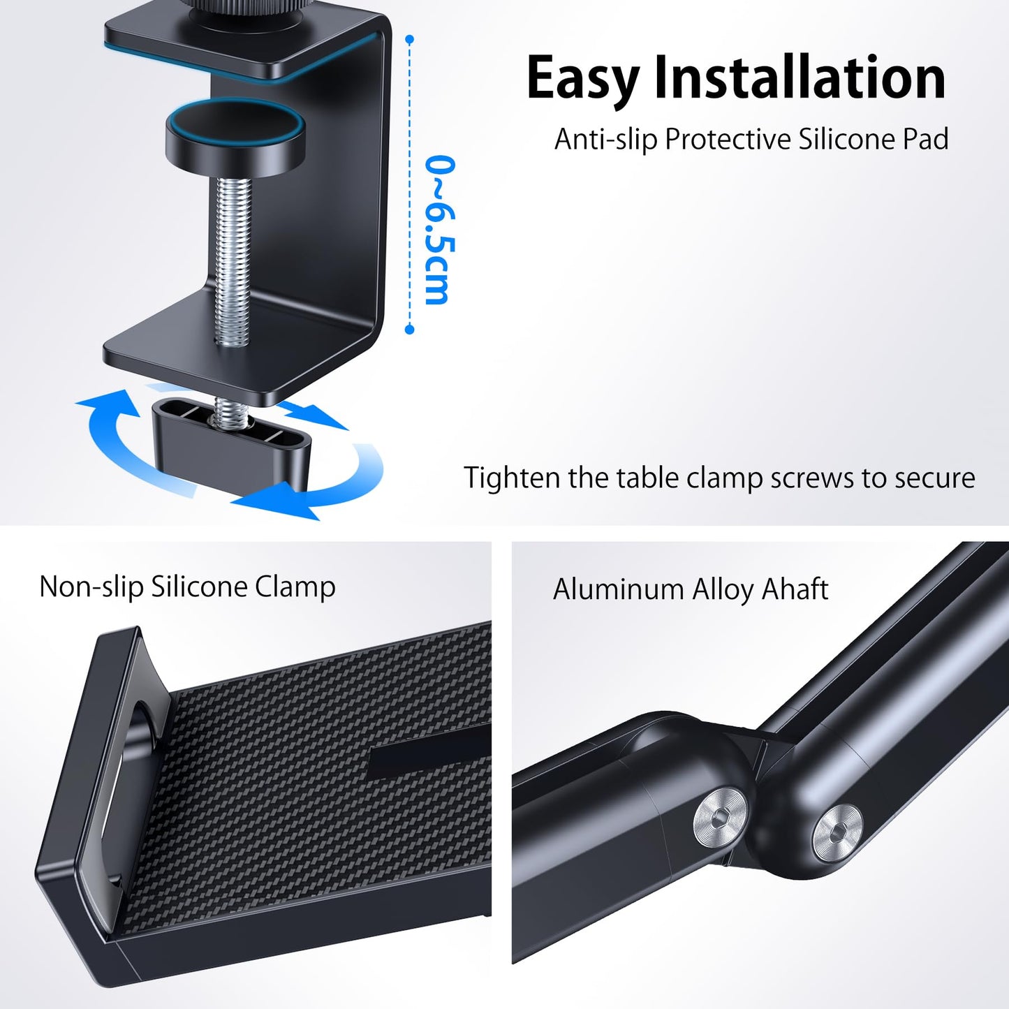 CreaDream tablet stand holder, aluminum iPad desk mount, tablet arm holder with 360° swivel metal base, suitable for iPad Air Pro Mini, Samsung Galaxy, Kindle, all 4.7-13 inch devices.