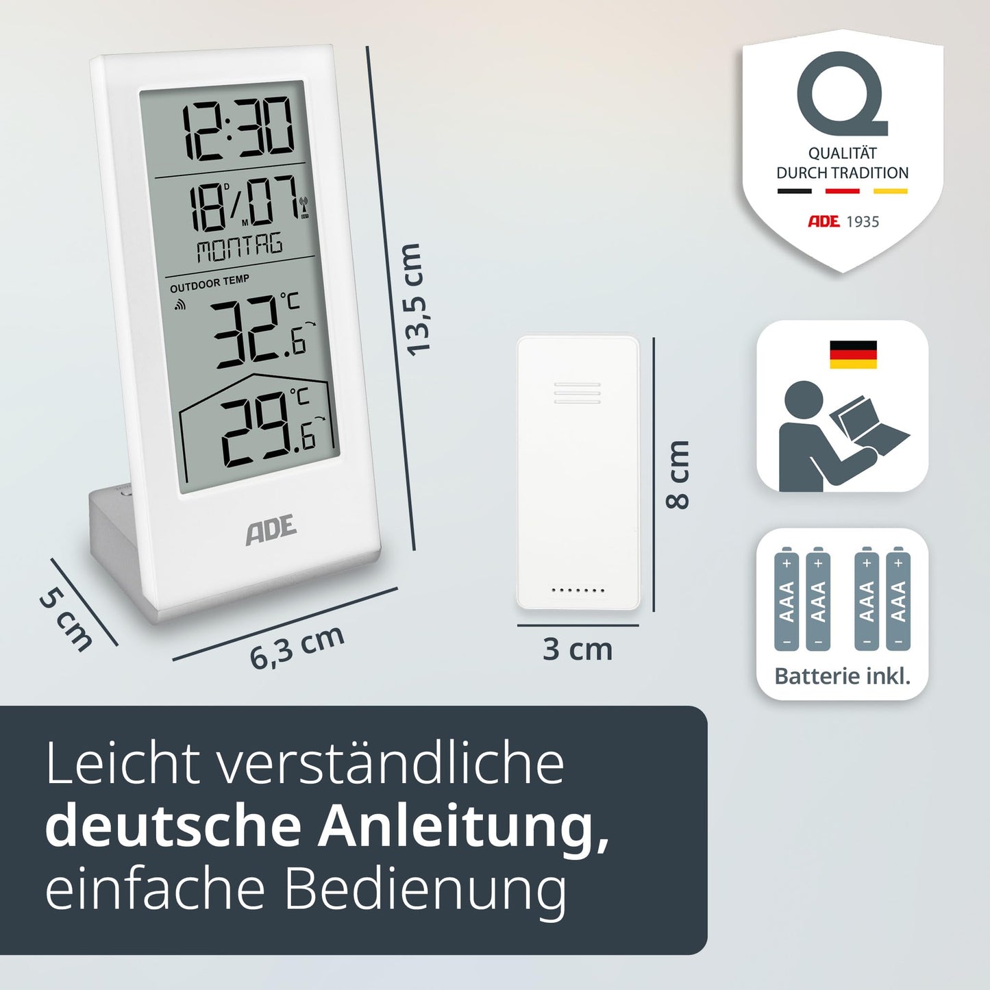 ADE digital radio controlled clock with temperature display and outdoor sensor | Thermometer for indoor and outdoor temperature | Trend indication | table clock with date and day of the week | including batteries | white