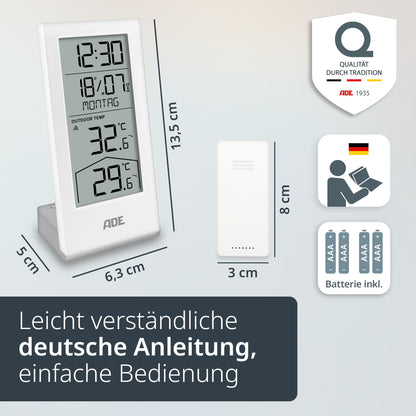 ADE digital radio controlled clock with temperature display and outdoor sensor | Thermometer for indoor and outdoor temperature | Trend indication | table clock with date and day of the week | including batteries | white