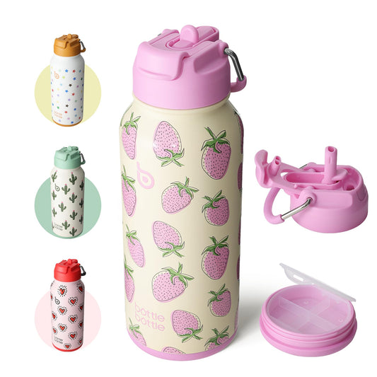 bottlebottle BOTTLE BOTTLE Stainless Steel Water Bottle 1L with Straw - Leakproof Insulated Bottle for Sports & Gym, with Pill Compartment, BPA-free, double-walled (Sweet Berry)